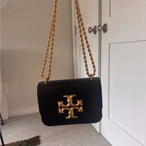 Tory Burch Black Leather Crossbody with Gold Logo Chain